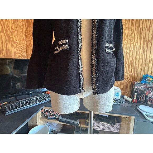 Naif Petite PM Tie Cardigan Sweater Knit Blak Detailed Trim Corporate Witchy - Picture 2 of 7